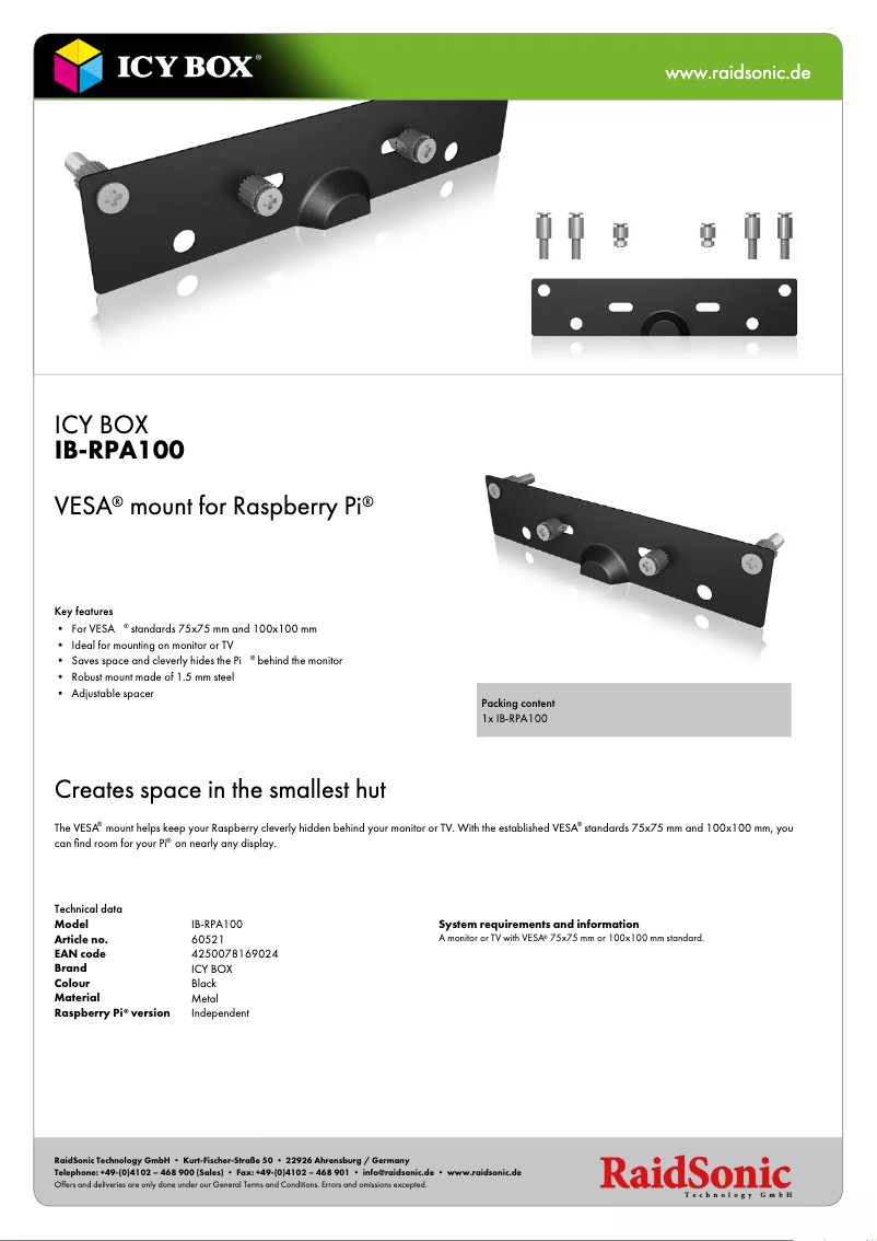 Page 1 of the manual Technical Sheet Icy Box IB-RPA100