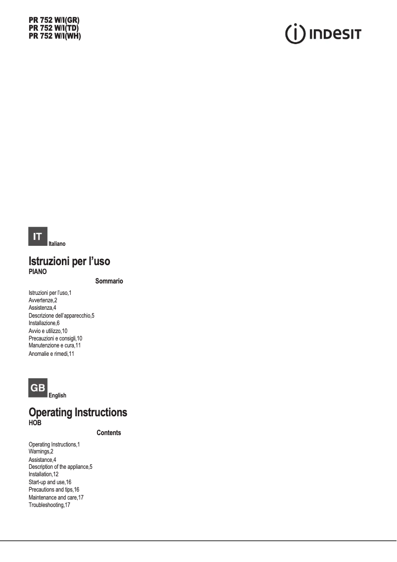 Page 1 de la notice Manuel utilisateur Indesit PR 752 W/I(WH)