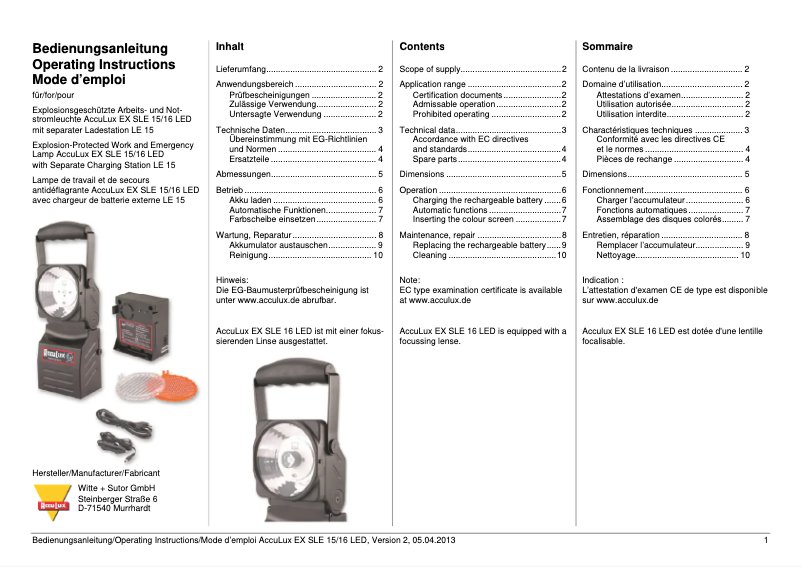 Page 1 de la notice Manuel utilisateur AccuLux SLE 16