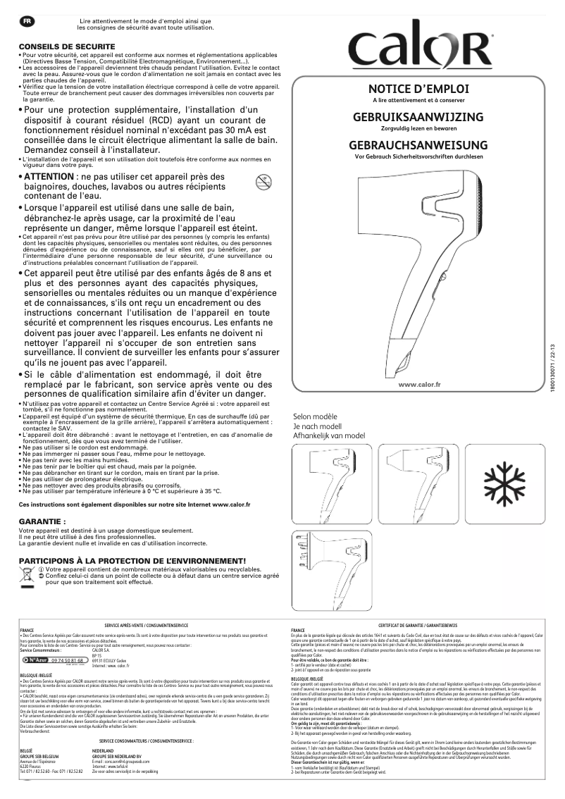 Page 1 de la notice Manuel utilisateur Calor Elite Handy Dry CV1322C0