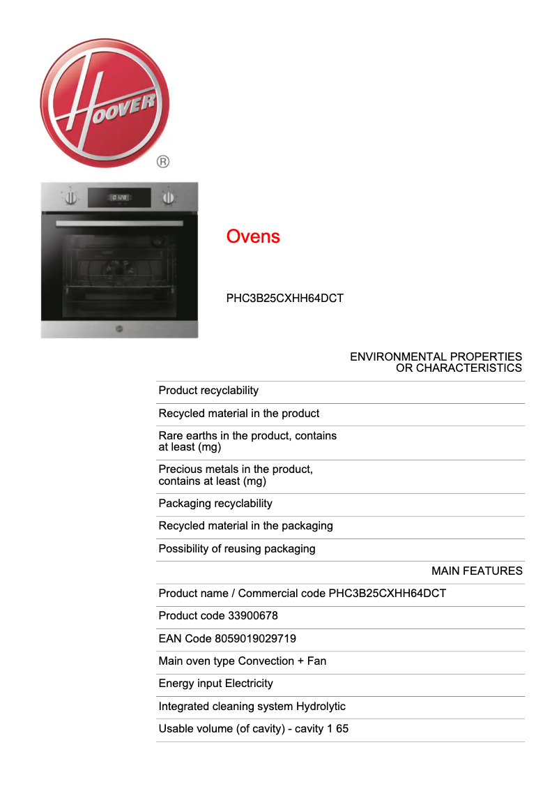 Page n°1 - Fiche technique Hoover PHC3B25CXHH64DCT