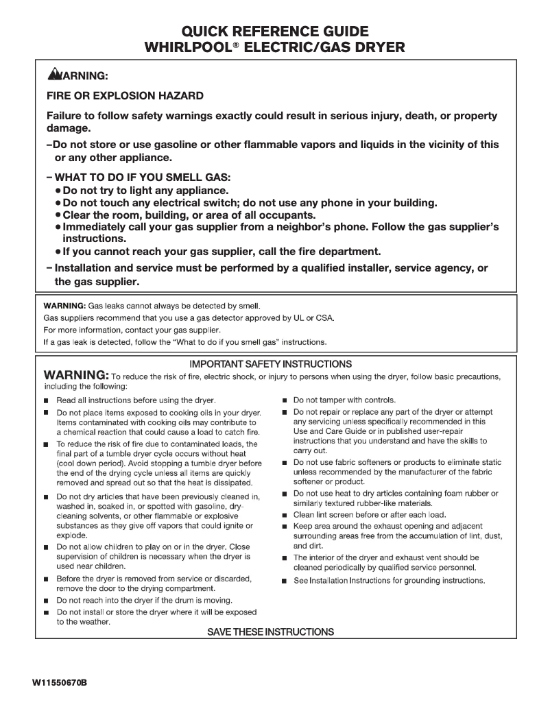 Page n°1 - Guide de démarrage rapide Whirlpool WED5100HW