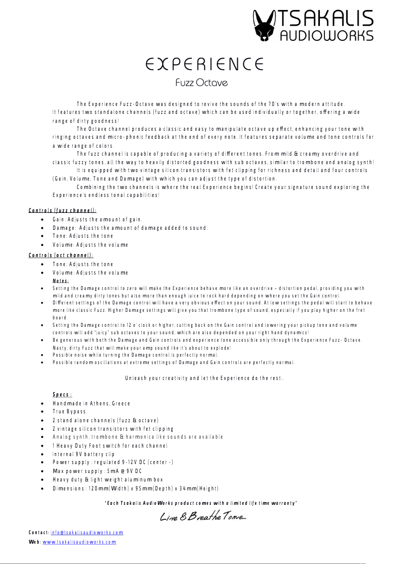 Page n°1 - Manuel utilisateur Tsakalis AudioWorks Experience 70's