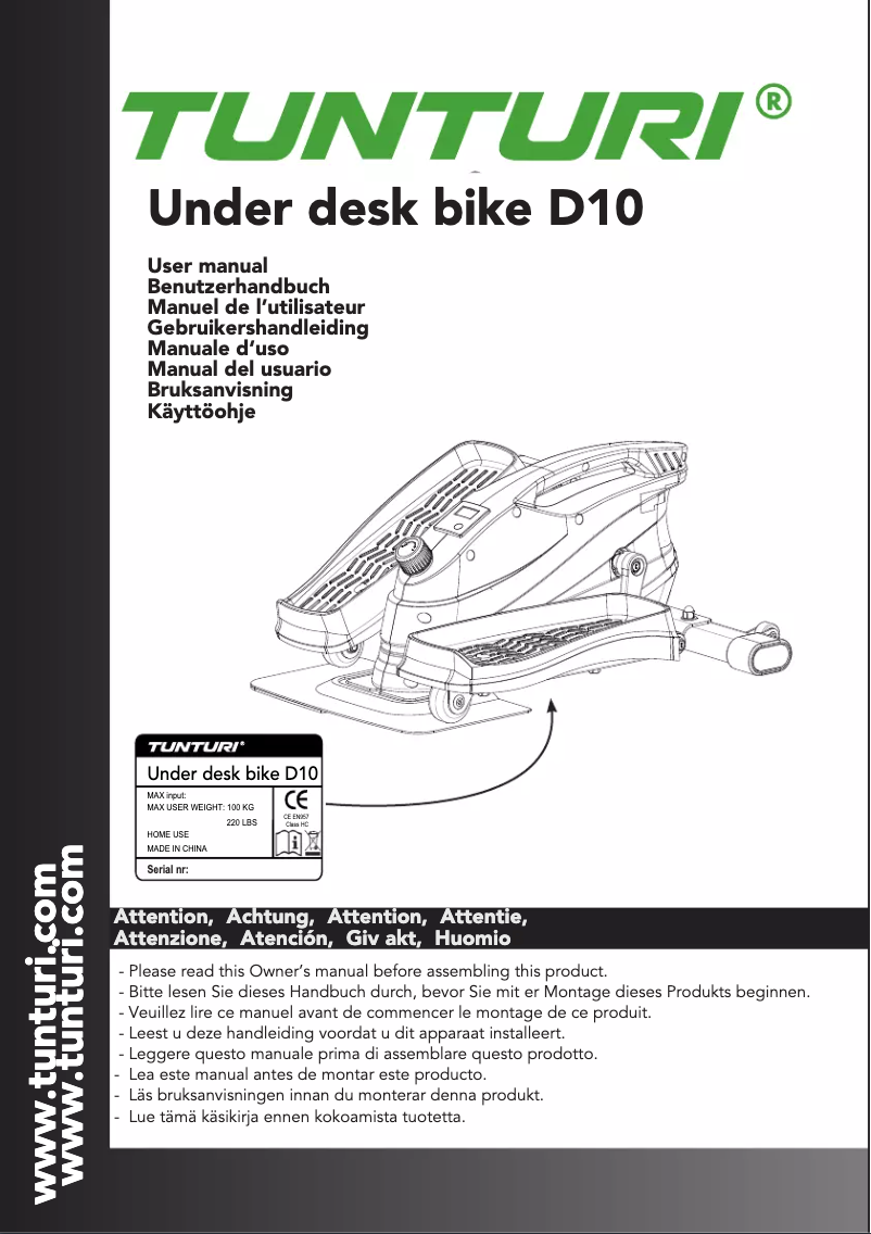 Page n°1 - Manuel utilisateur Tunturi Under desk bike D10