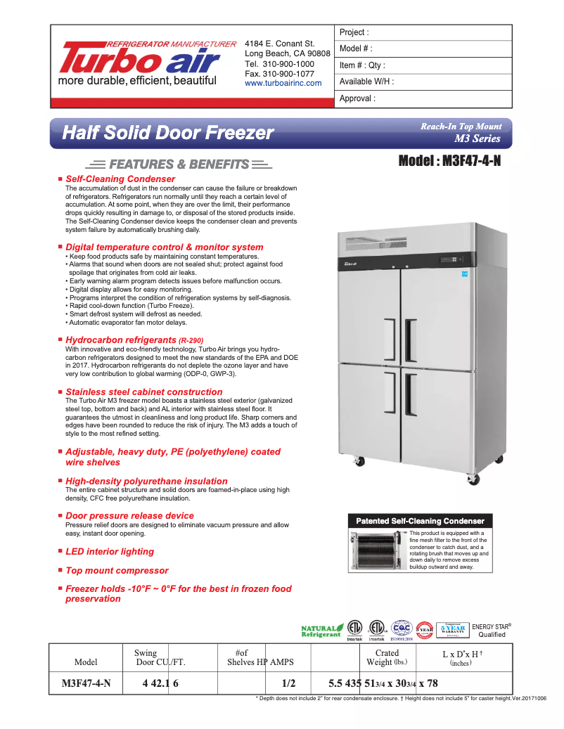 Página 1 del manual Ficha técnica Turbo air M3F47-4