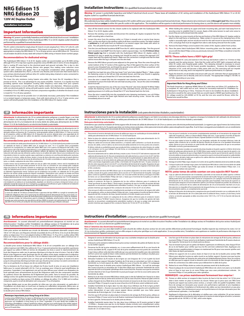 Página 1 del manual Manual de usuario AudioQuest NRG Edison 15