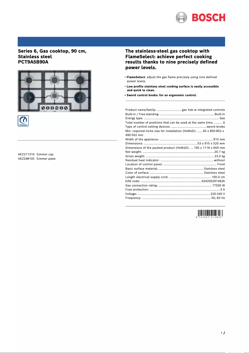 Page 1 de la notice Fiche technique Bosch PCT9A5B90A