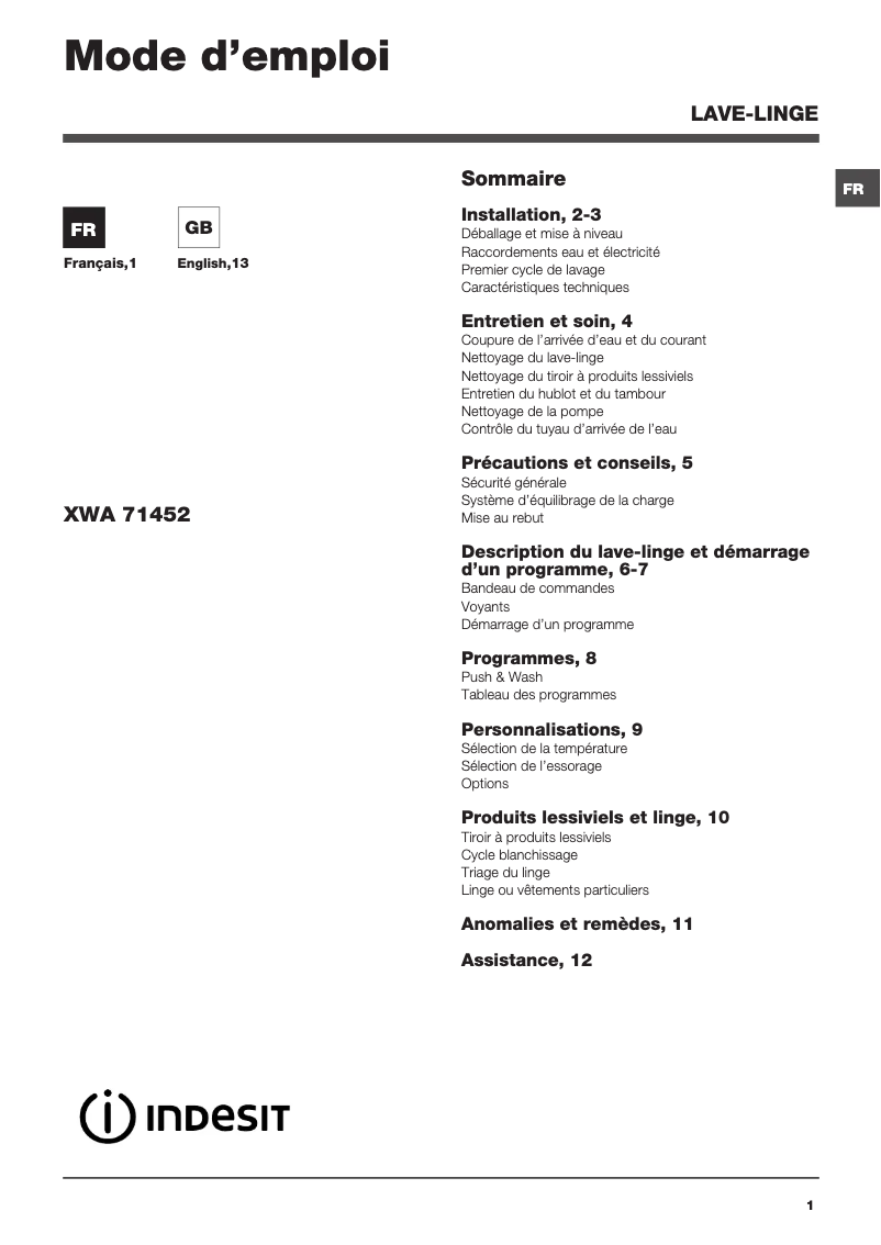 Imagen de la primera página del manual del dispositivo XWA 71452 W FR