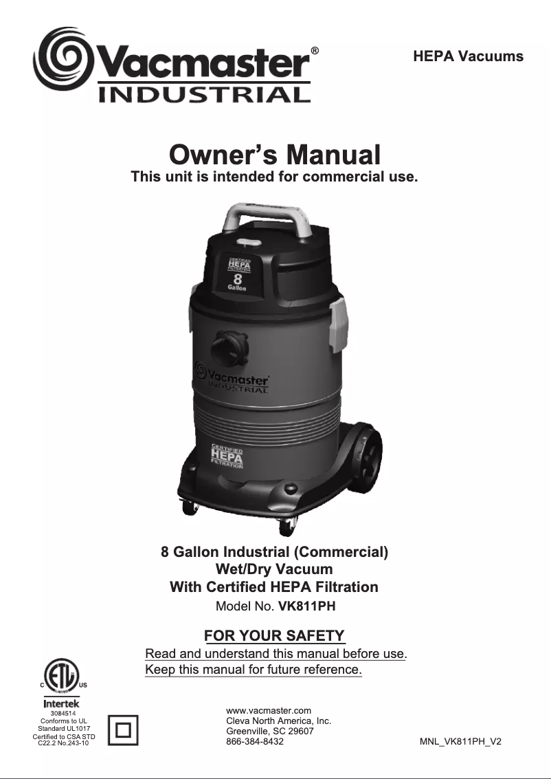 Page n°1 - Manuel utilisateur Vacmaster Professional VK811PH