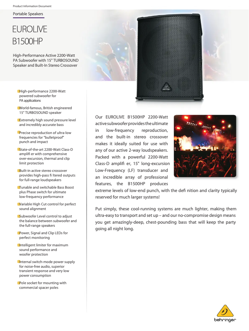 Page 1 de la notice Fiche technique Behringer Eurolive B1500HP