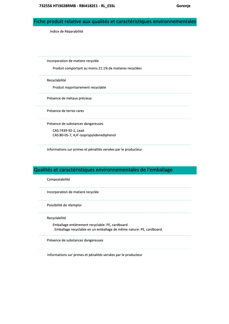 Page n°1 - Fiche technique Gorenje RBI4182E1