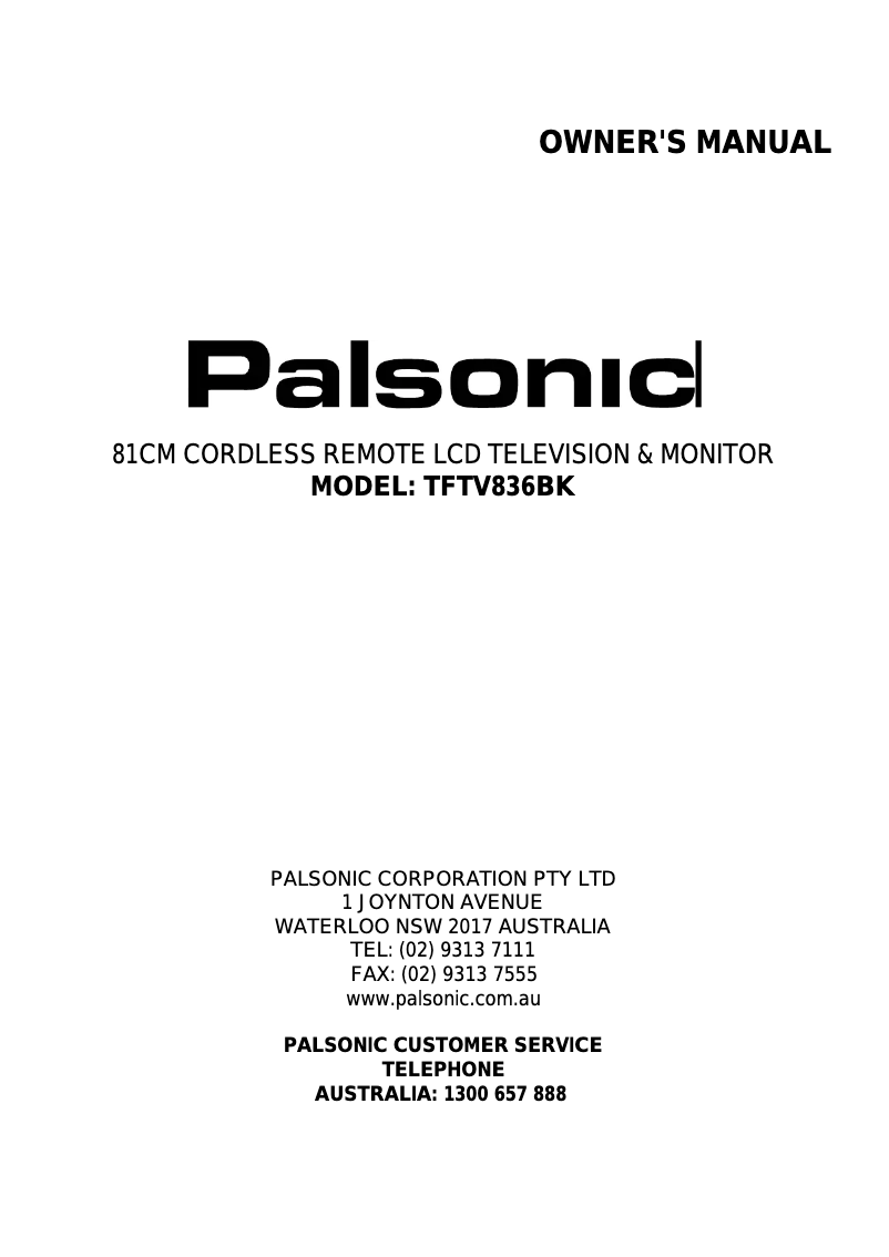Page n°1 - Manuel utilisateur Palsonic TFTV836BK