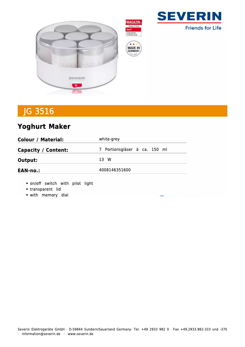 Page 1 de la notice Fiche technique Severin JG 3516