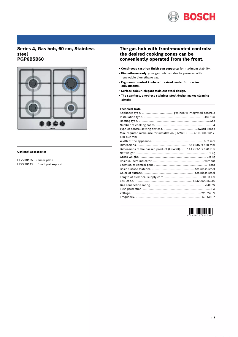 Page 1 de la notice Fiche technique Bosch PGP6B5B60