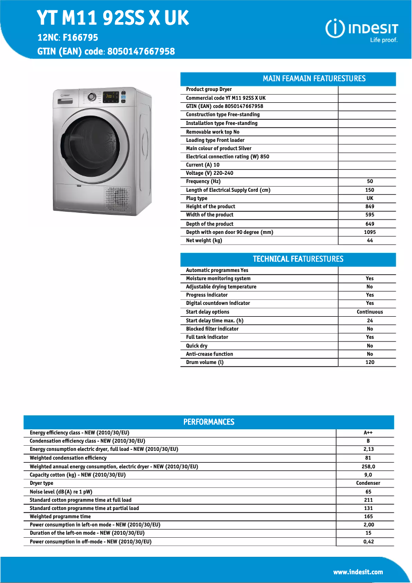 Página 1 del manual Ficha técnica Indesit YT M11 92SS X UK