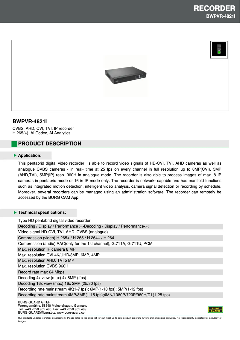 Page 1 de la notice Fiche technique Burg Wächter BWPVR-4821i