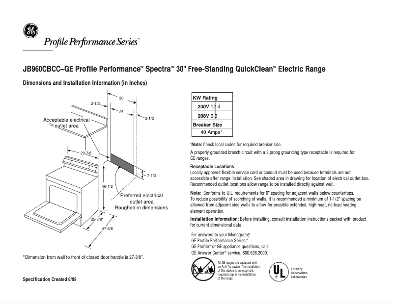 Page 1 of the manual Technical Sheet GE Profile Performance JB960CBCC
