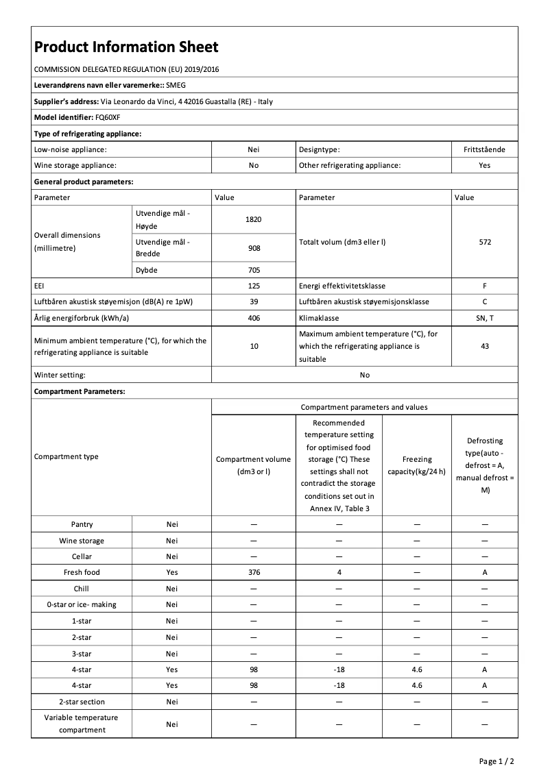 Page 1 de la notice Fiche technique Smeg FQ60XF