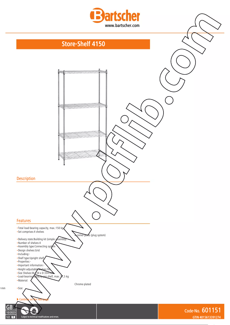Page n°1 - Fiche technique Bartscher 601151