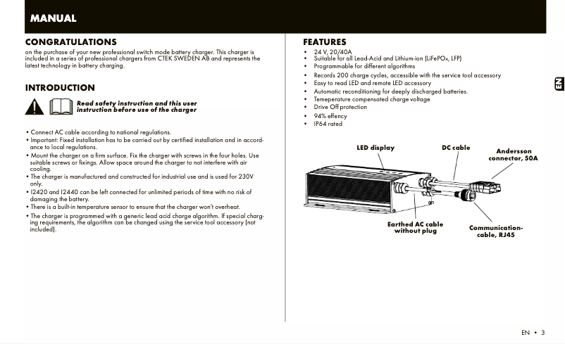 Page 1 de la notice Manuel utilisateur Ctek I2420
