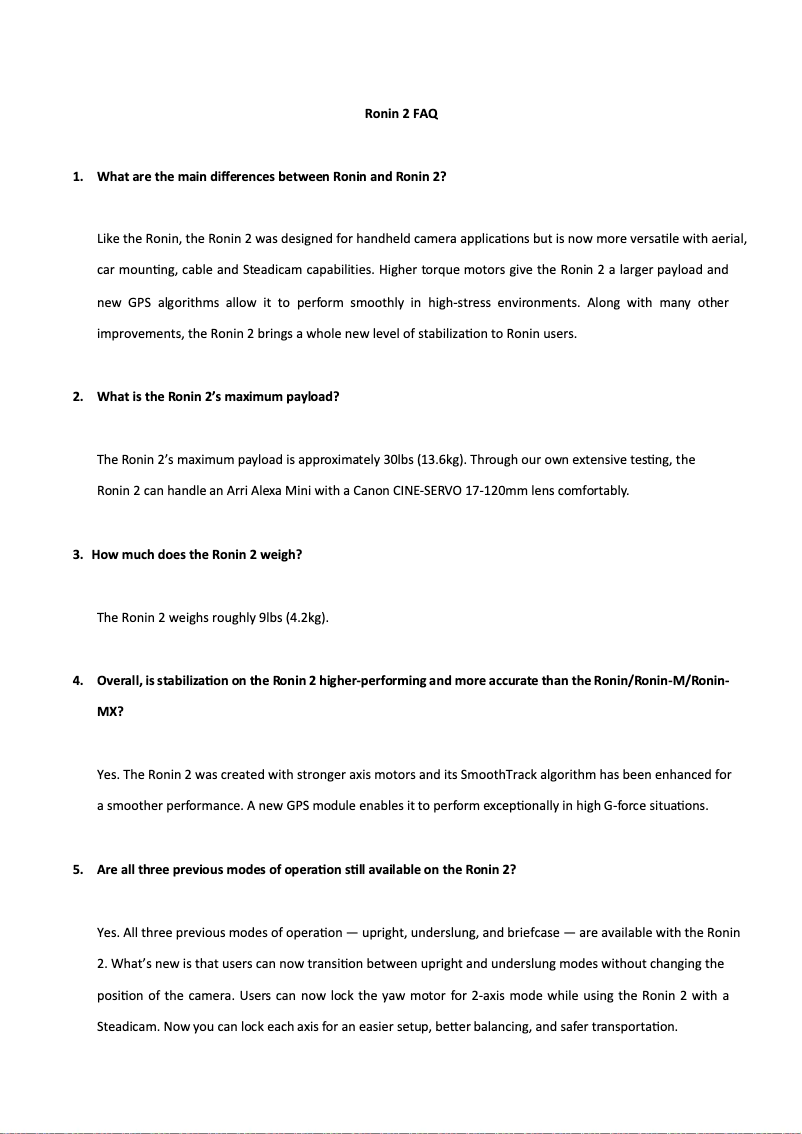 Page 1 de la notice FAQ DJI Ronin 2