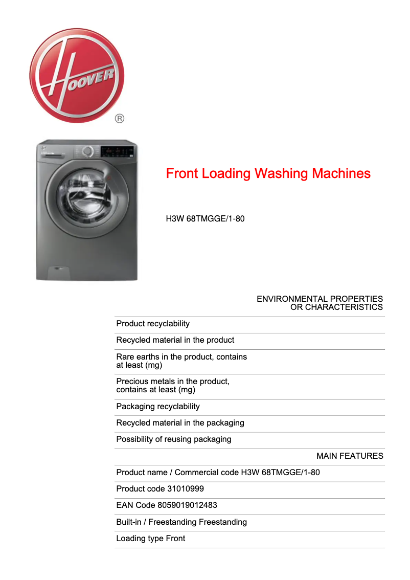 Page n°1 - Fiche technique Hoover H-WASH 300 PLUS H3W 68TMGGE/1-80