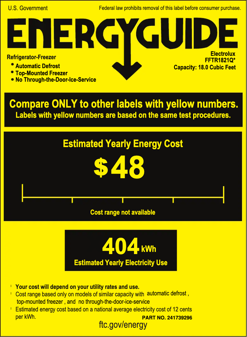 Page 1 de la notice Label énergétique Frigidaire FFTR1821Q