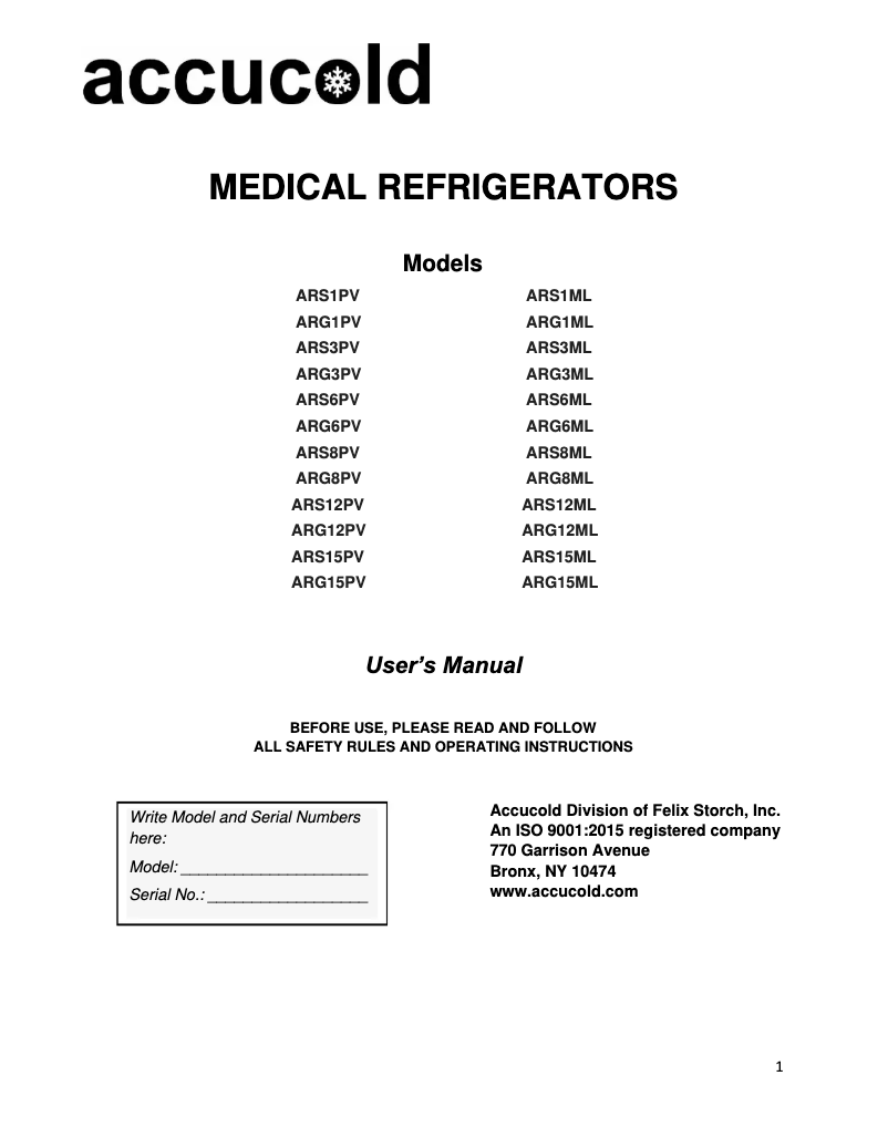 Página 1 del manual Manual de usuario Accucold ARG15PV