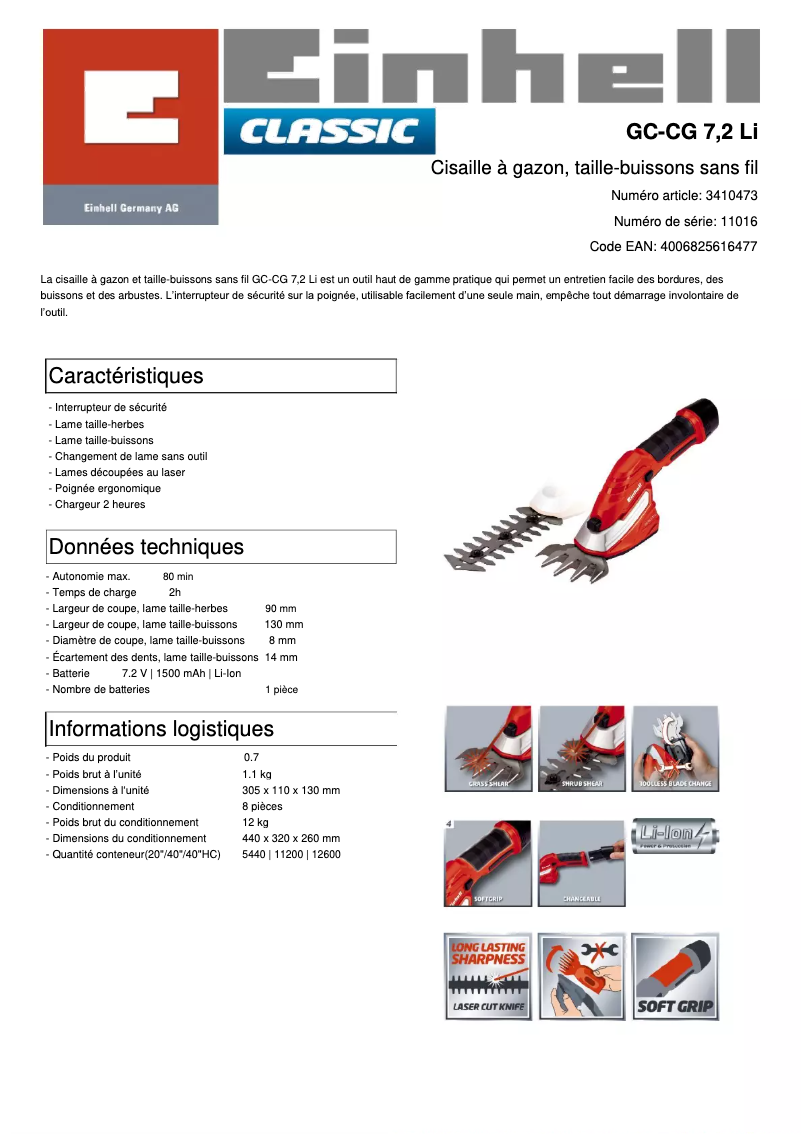 Page n°1 - Fiche technique Einhell GC-CG 7,2 Li