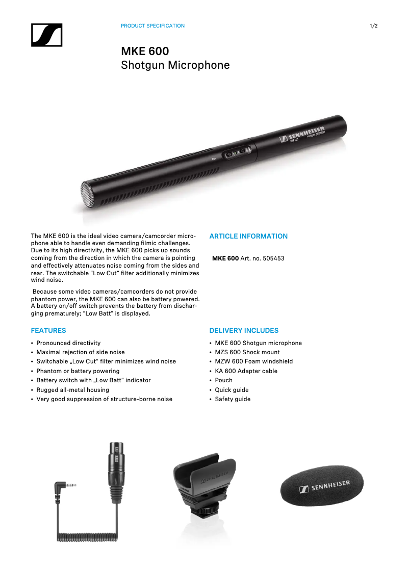 Page n°1 - Fiche technique Sennheiser MKE 600