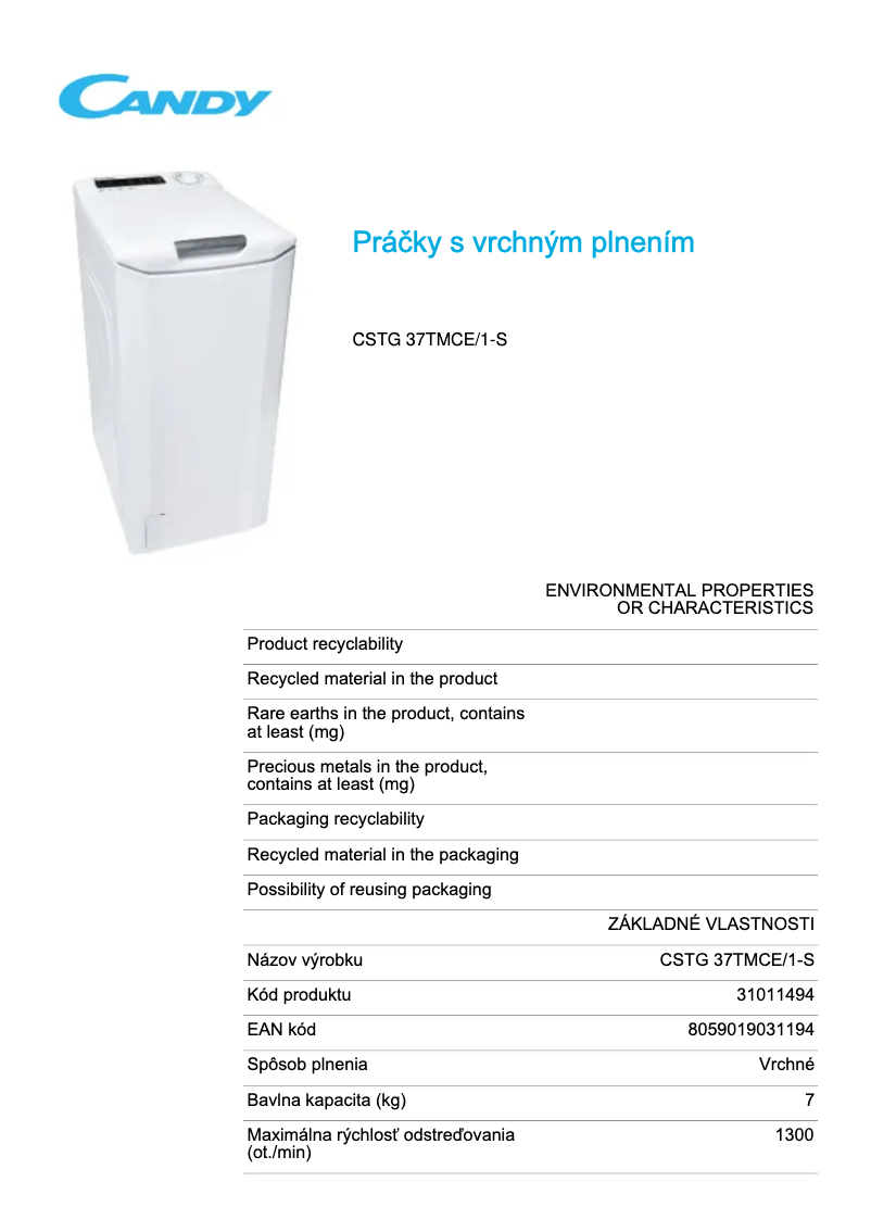 Page 1 de la notice Fiche technique Candy CSTG 37TMCE/1-S