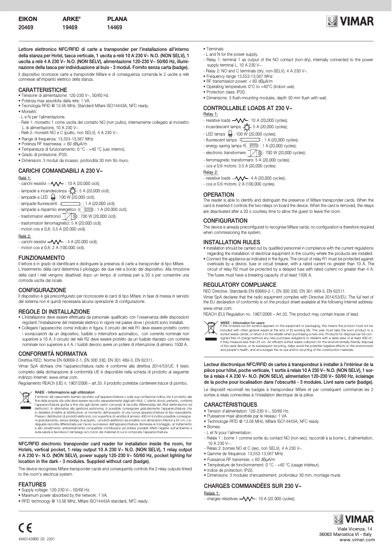 Page 1 de la notice Manuel utilisateur Vimar 20469.N