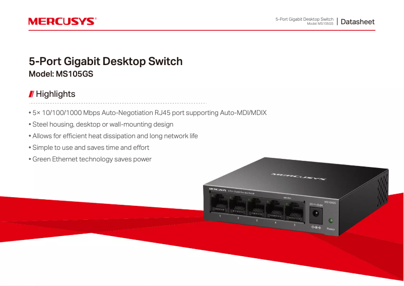 Page 1 de la notice Fiche technique Mercusys MS105GS