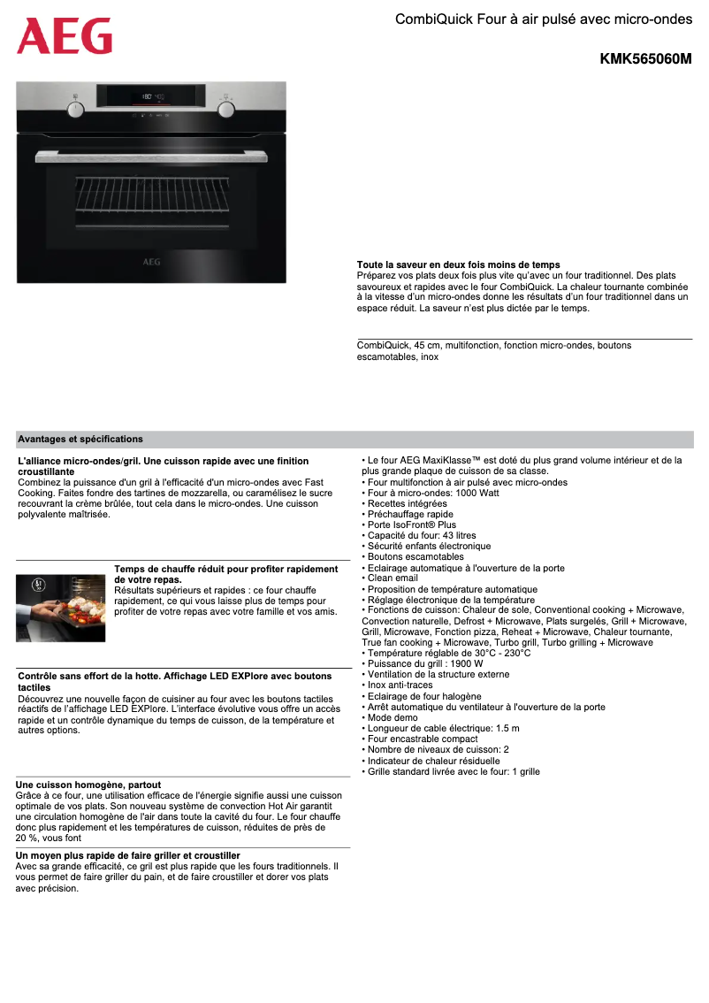 Page 1 de la notice Fiche technique AEG KMK565060M