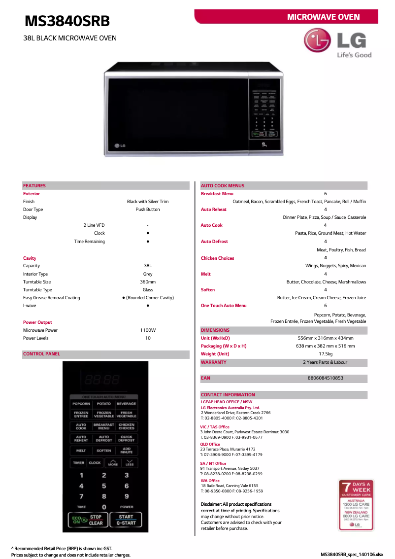 Page 1 de la notice Fiche technique LG MS3840SRB