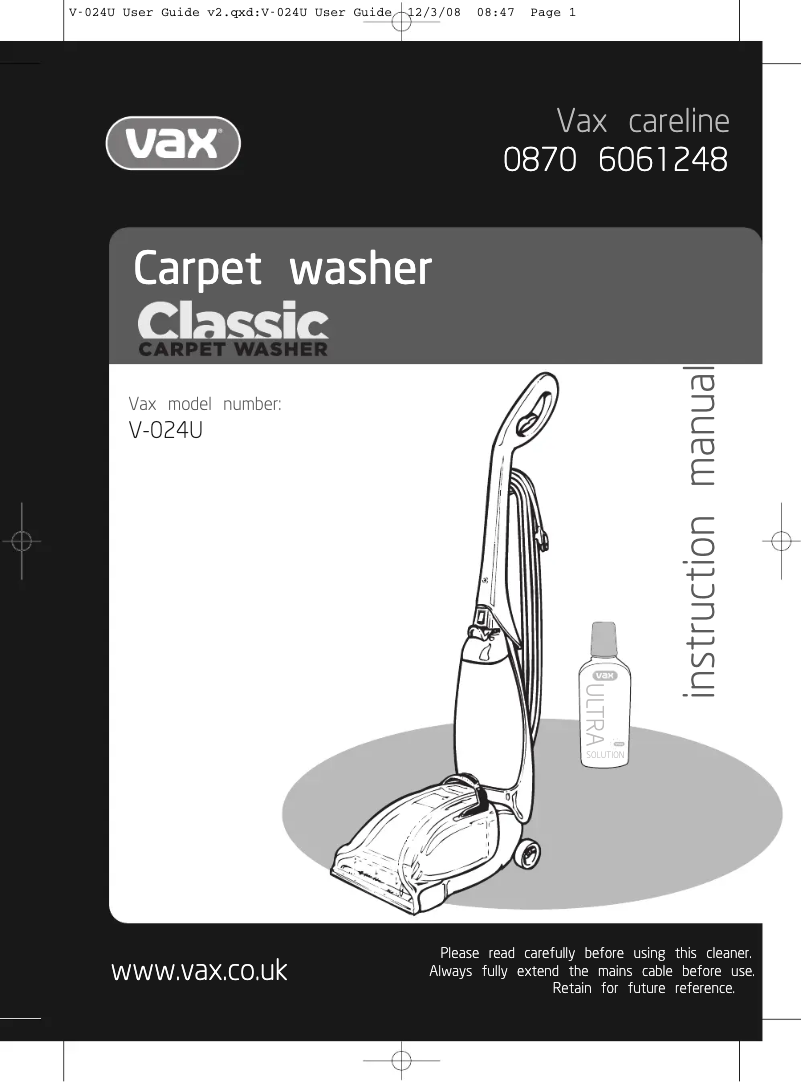 Página 1 del manual Manual de usuario Vax Rapide Classic V-024U