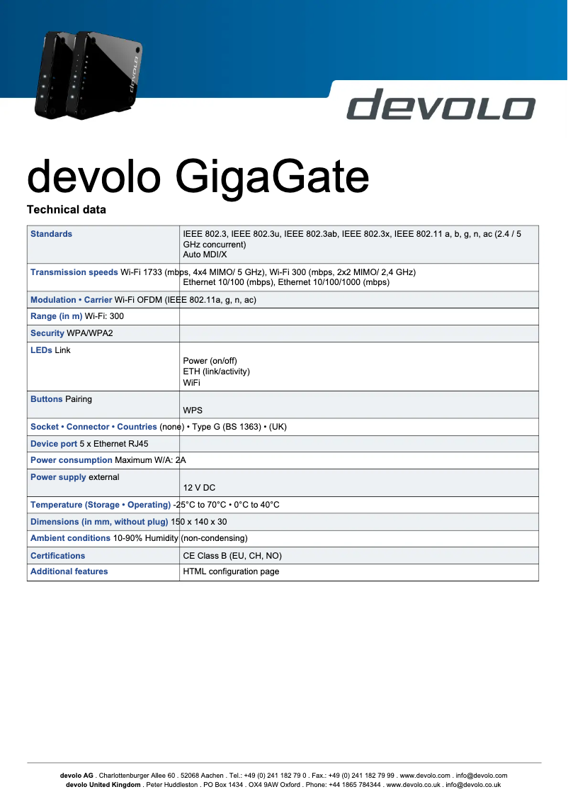 Page 1 de la notice Fiche technique Devolo GigaGate