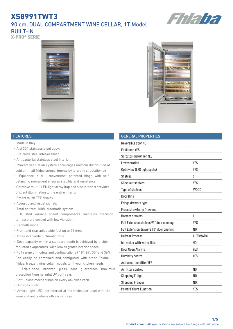 Page 1 de la notice Fiche technique Fhiaba XS8991TWT3A