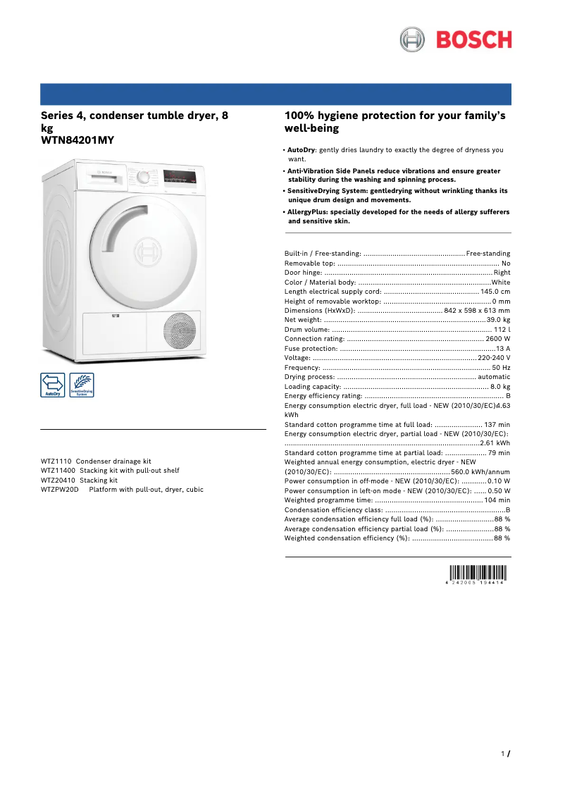 Página 1 del manual Ficha técnica Bosch WTN84201MY