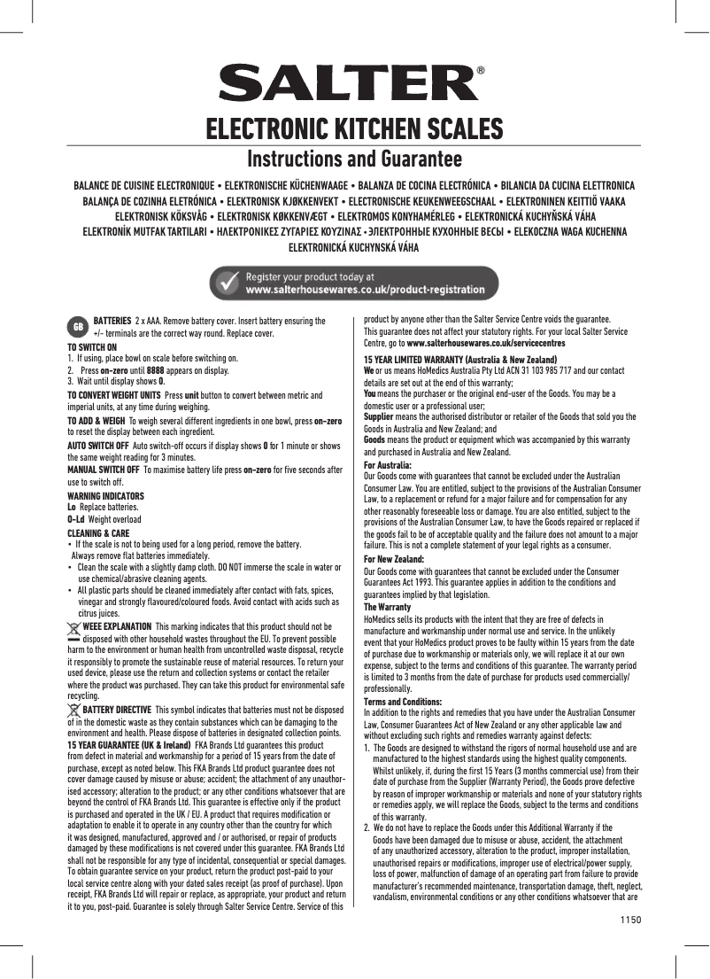 Page 1 de la notice Manuel utilisateur Salter 1160