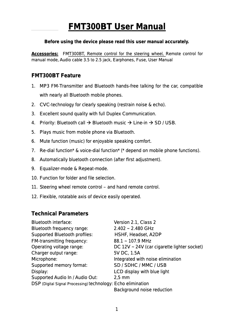 Page 1 de la notice Manuel utilisateur Technaxx FMT300BT
