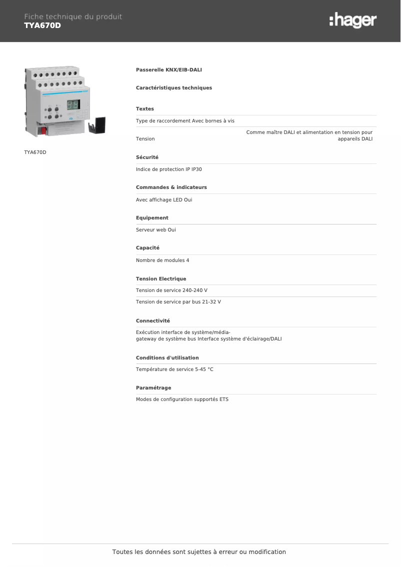 Página 1 del manual Ficha técnica Hager TYA670D