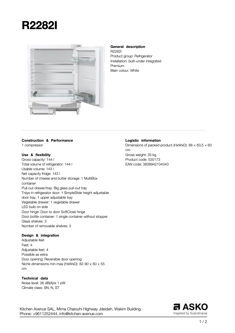 Page 1 de la notice Fiche technique Asko R2282I
