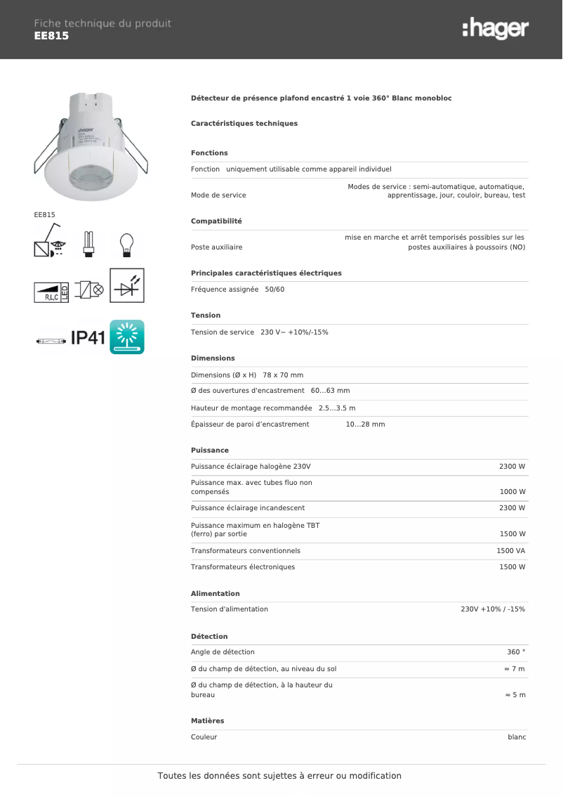 Page 1 de la notice Fiche technique Hager EE815