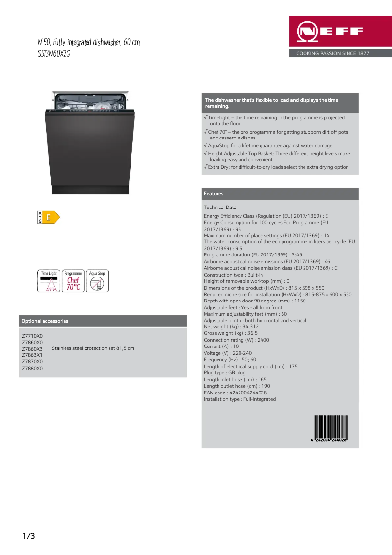 Page 1 de la notice Fiche technique Neff S513N60X2G