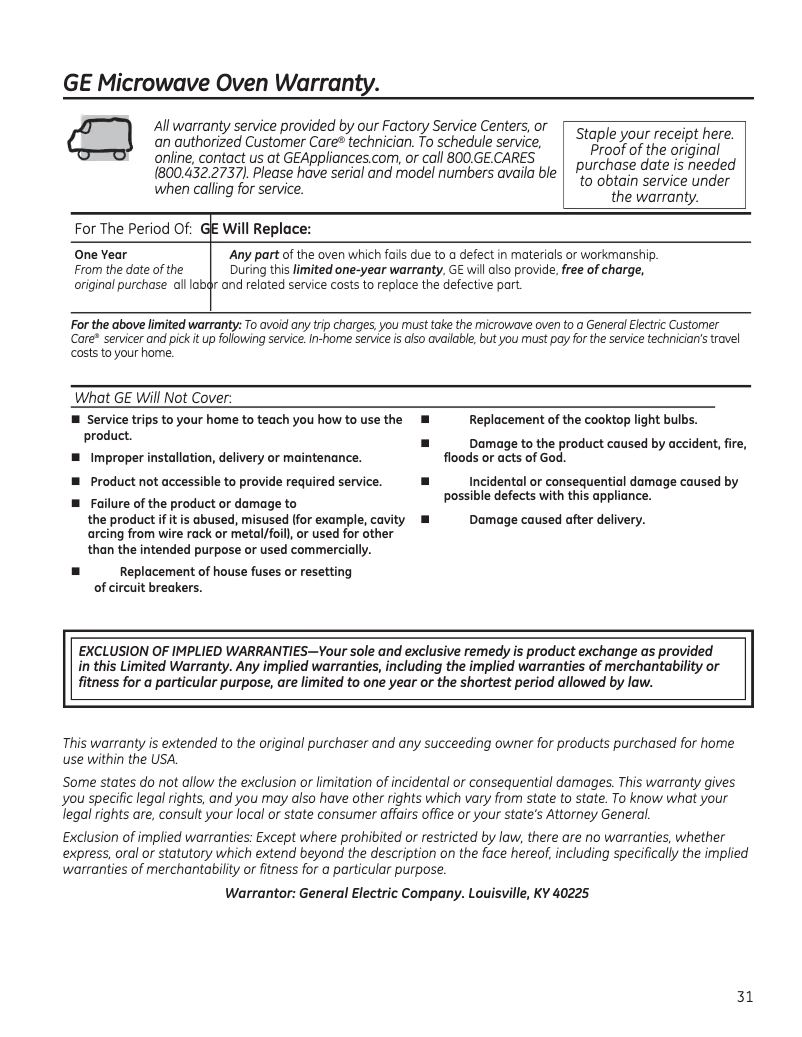 Page 1 of the manual Warranty Information GE JES1072SHSS