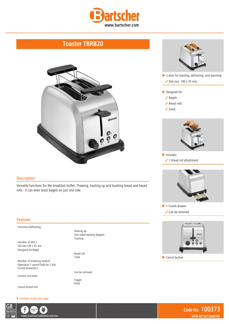 Página 1 del manual Ficha técnica Bartscher TBRB20