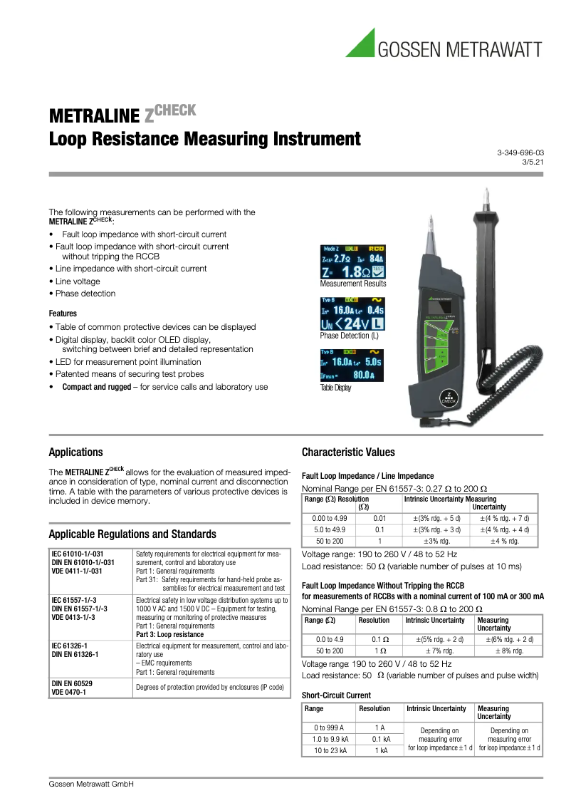 Page 1 de la notice Fiche technique Gossen Metrawatt Metraline Z Check