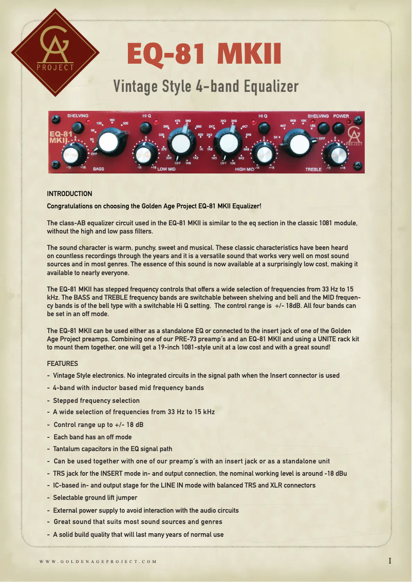 Page n°1 - Manuel utilisateur Golden Age Project EQ-81 MKIII