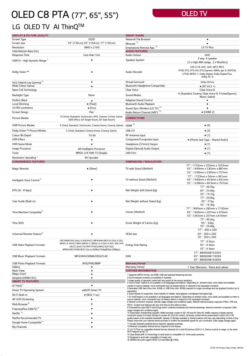 Page 1 de la notice Fiche technique LG OLED65C8PTA